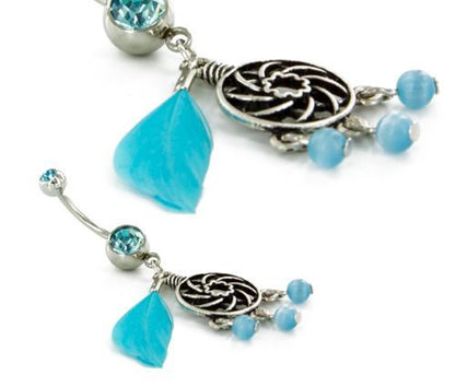 14g 7/16" Charm with Cats Eye Beads and Feather Dangle Navel Belly Jewelry - Monster Steel