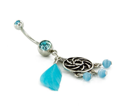 14g 7/16" Charm with Cats Eye Beads and Feather Dangle Navel Belly Jewelry - Monster Steel