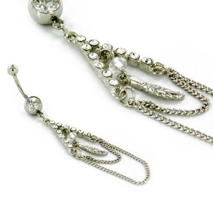 14g 7/16" Belly Button Navel Jewelry with Crystal Gems and Feather Charm Chains - Monster Steel