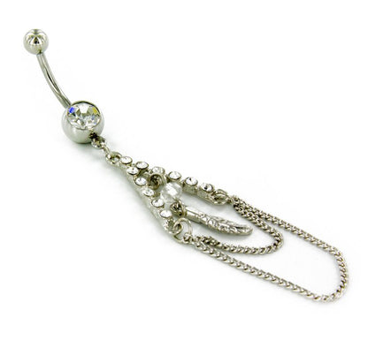 14g 7/16" Belly Button Navel Jewelry with Crystal Gems and Feather Charm Chains - Monster Steel