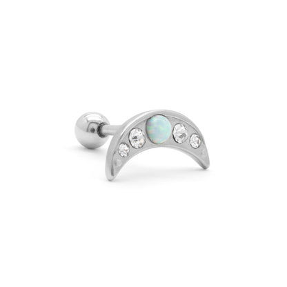 16g 1/4” White Opal Jeweled Crescent PVD Rhodium Straight Barbell — Price Per 1 - Monster Steel