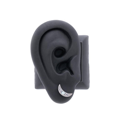 Front view of 16g 1/4” White Opal Jeweled Crescent PVD Rhodium Straight Barbell with detached ball