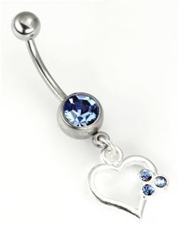 14g 7/16" Hollow Heart & Jewel Dangle Belly Button Ring