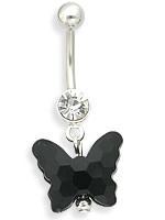 14g 7/16" Crystal Jewel with Dangle Black Butterfly Belly Ring