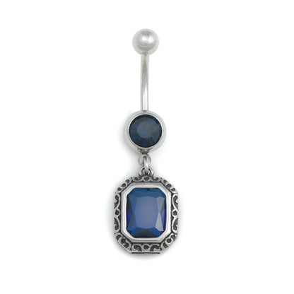 14g 3/8” Antique Octagon Frame Blue Jeweled Belly Button Ring - Monster Steel