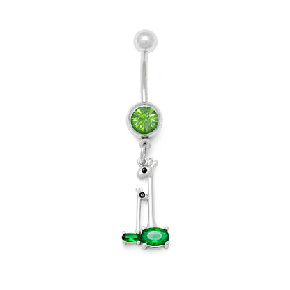 14g 3/8” Green Jewel Giraffes Dangle Belly Button Ring - Monster Steel
