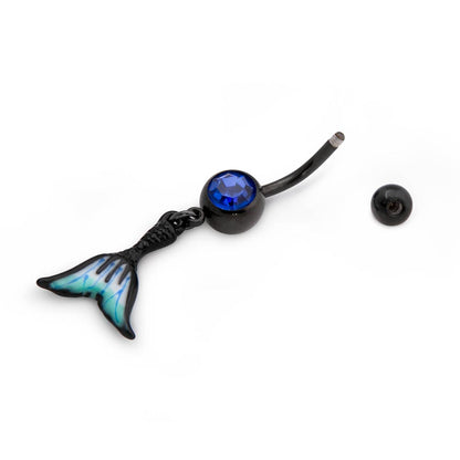 14g 3/8” PVD Black Jeweled Mermaid Tail Dangle Belly Button Ring - Monster Steel