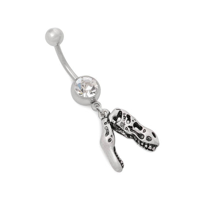 14g 3/8” T-Rex Skull Dangle Belly Button Ring - Monster Steel