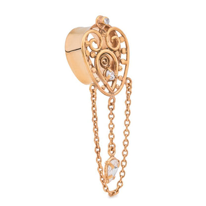 18k Gold Plated Filigree Heart Tear Drop Tunnel with Chains — Front-Facing