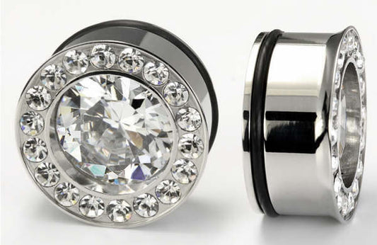 Single Flare BLING Plugs High Polish Steel Ear Jewelry 0g - 1" - Price Per 1 - Monster Steel