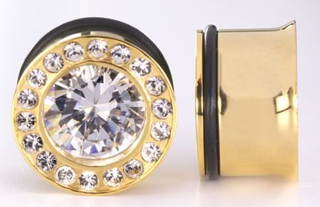 GOLD TONE BLING Single Flare Plugs High Polish Steel Ear Jewelry 0g - 1" - Price Per 1