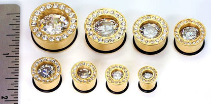 GOLD TONE BLING Single Flare Plugs High Polish Steel Ear Jewelry 0g - 1" - Price Per 1 - Monster Steel