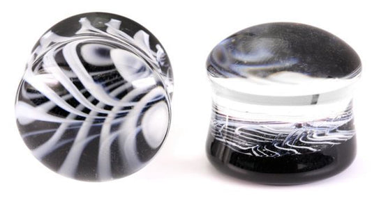 Black and White Double Flared Glass Plug — Price Per 1 - Monster Steel