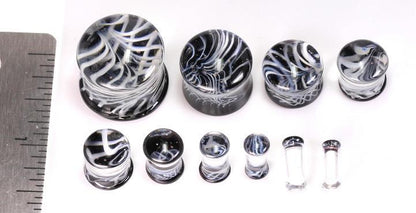 Black and White Double Flared Glass Plug — Price Per 1 - Monster Steel