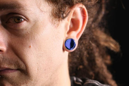 FLAT PLUGS Cobalt Blue Glass - Ear Gauge Jewelry - Price Per 1 - Monster Steel