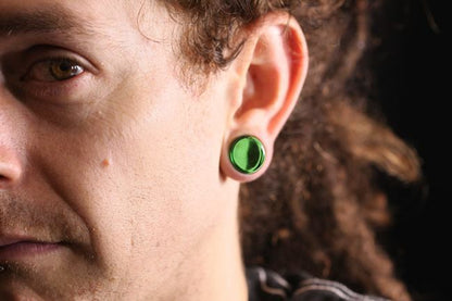FLAT PLUGS Green Glass - Ear Gauge Jewelry - Price Per 1 - Monster Steel