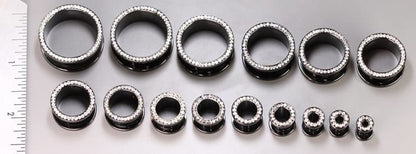 Crystal Jeweled Rim PVD Black Steel Threaded Tunnel — Price Per 1 - Monster Steel