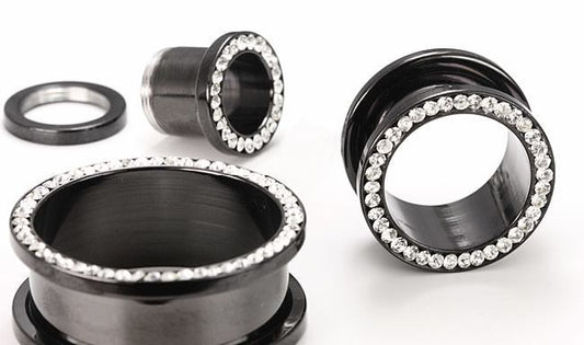 Crystal Jeweled Rim PVD Black Steel Threaded Tunnel — Price Per 1 - Monster Steel