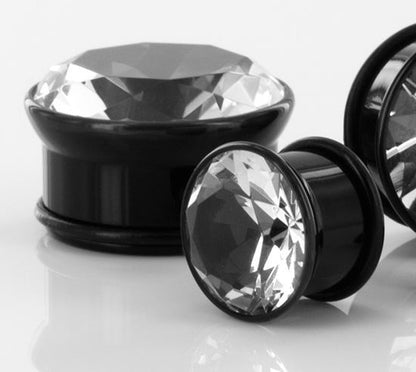 BLACK Acrylic Single Flare Plugs with CZ Stone 3mm - 26mm - Price Per 1 - Monster Steel