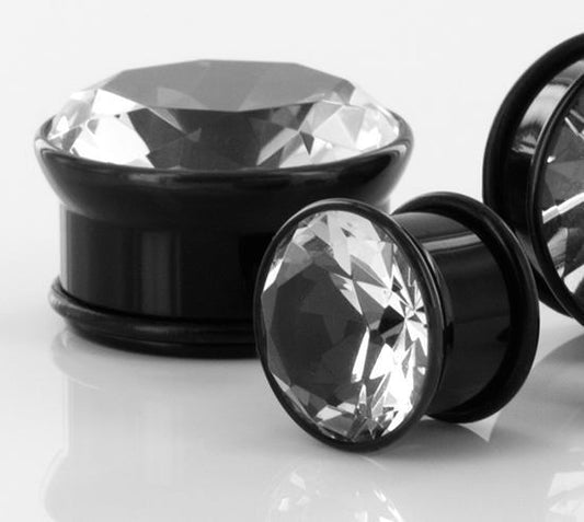 BLACK Acrylic Single Flare Plugs with CZ Stone 3mm - 26mm - Price Per 1 - Monster Steel