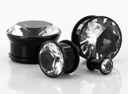 BLACK Acrylic Single Flare Plugs with CZ Stone 3mm - 26mm - Price Per 1 - Monster Steel