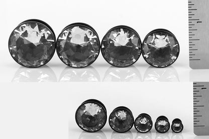 BLACK Acrylic Single Flare Plugs with CZ Stone 3mm - 26mm - Price Per 1 - Monster Steel