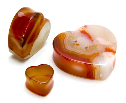 Red Agate Stone Double Flared Heart Plug — Price Per 1 - Monster Steel