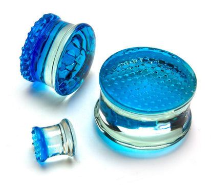 BLUE Honey Comb Glass Double Flare Plugs Price Per 1 - Monster Steel