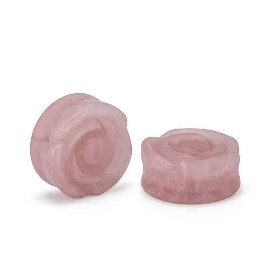 Rose Quartz Stone Plug with Carved Rose Front – 2g to 1” – Price Per 1