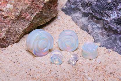 Opal Stone Plug with Carved Rose Front – 2g to 1” – Size Reference