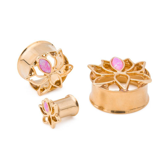 Double Flared PVD Gold Opal Lotus Flower Tunnel — Price Per 1