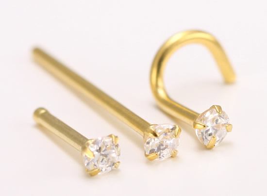 20g Nose Bone, Screw or Fishtail with 2.5mm CZ 24kt gold plated