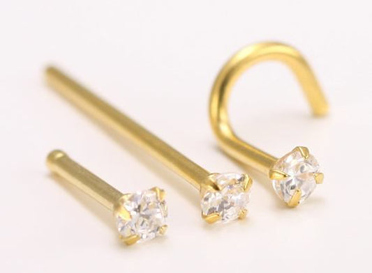 20g Nose Bone, Screw or Fishtail with 2.5mm CZ 24kt gold plated - Monster Steel