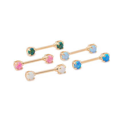 14g 9/16” Gold-Plated Straight Barbell Nipple Ring with Opal Ends — Price Per 1 - Monster Steel