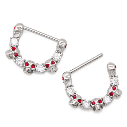 14g Skull Steel Nipple Clicker with Crystals — Front View