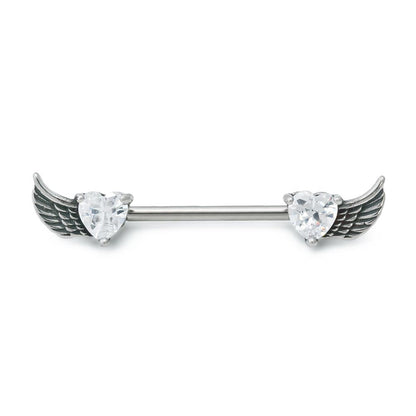 14g 9/16” Winged Crystal Heart Steel Nipple Barbell — Price Per 1 - Monster Steel