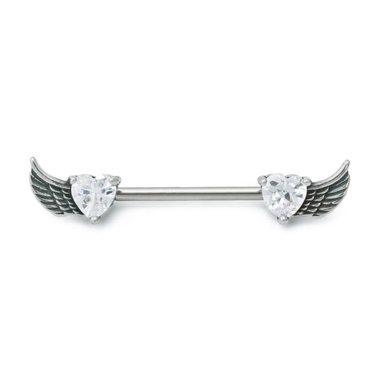 14g 9/16” Winged Crystal Heart Steel Nipple Barbell — Price Per 1 - Monster Steel