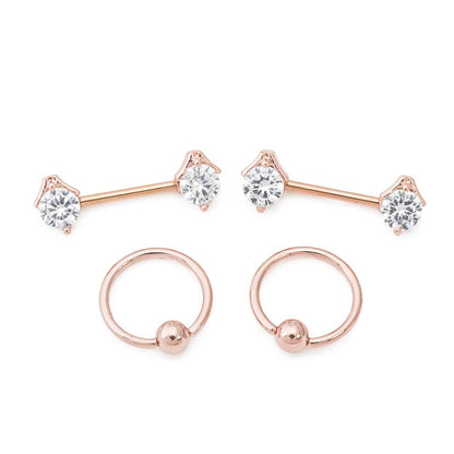 14g PVD Rose Gold Nipple Jewelry Set — Prong-Set Crystal Jeweled Straight Barbells and Captive Bead Rings - Monster Steel