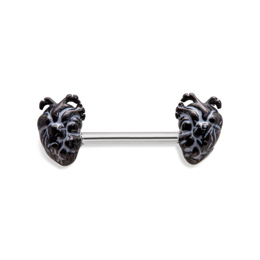14g 1/2” PVD Black Anatomical Hearts Steel Nipple Barbell — Price Per 1