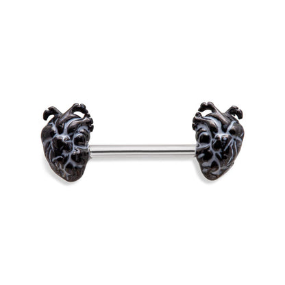 14g 1/2” PVD Black Anatomical Hearts Steel Nipple Barbell — Price Per 1 - Monster Steel