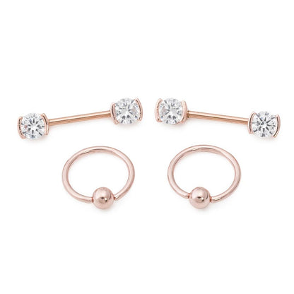 14g PVD Rose Gold Nipple Jewelry Set — Bezel-Set Crystal Jeweled Straight Barbells and Captive Bead Rings - Monster Steel