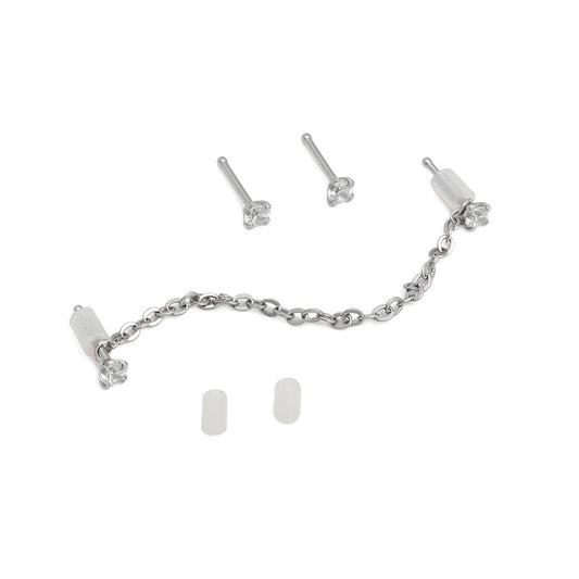 20g 1/4” Crystal Nose Bone Jewelry Set — One Pair with Chain Plus Two Studs - Monster Steel