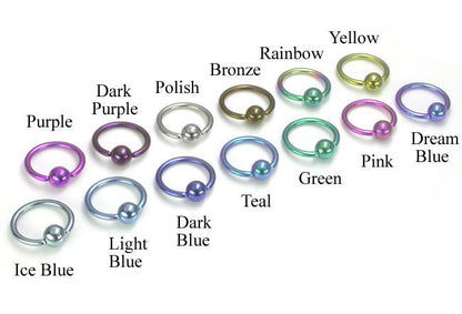 14g Titanium Captive Bead Ring with Titanium Ball - 18 Color Choices - OLD - Monster Steel