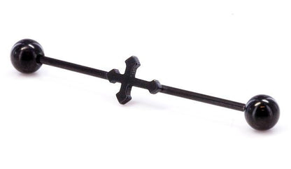 16g 1 3/8” Black Cross Industrial Barbell- Front View
