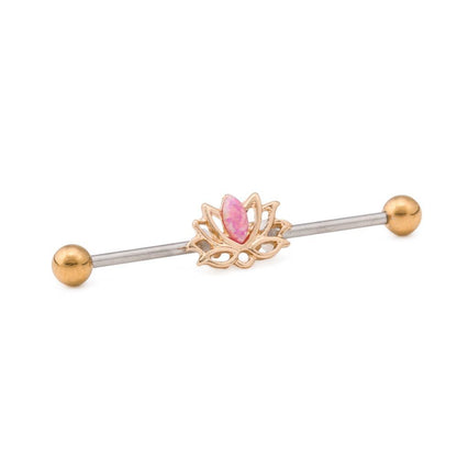 14g 1-1/2” Steel Industrial Barbell with Gold PVD Coating and Pink Opal Lotus Flower Charm - Monster Steel