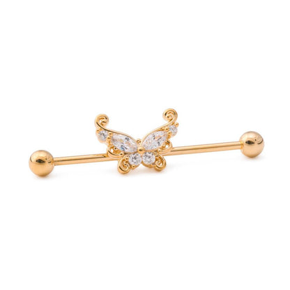 14g 1-3/8” Gold-Plated Industrial Barbell with Curlicue Butterfly Charm - Monster Steel