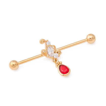 14g 1-3/8” Gold-Plated Industrial Barbell with Butterfly Teardrop Charm - Monster Steel