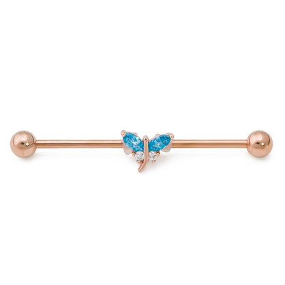 14g 1-1/2” PVD Rose Gold Jeweled Dragonfly Industrial Barbell - Monster Steel