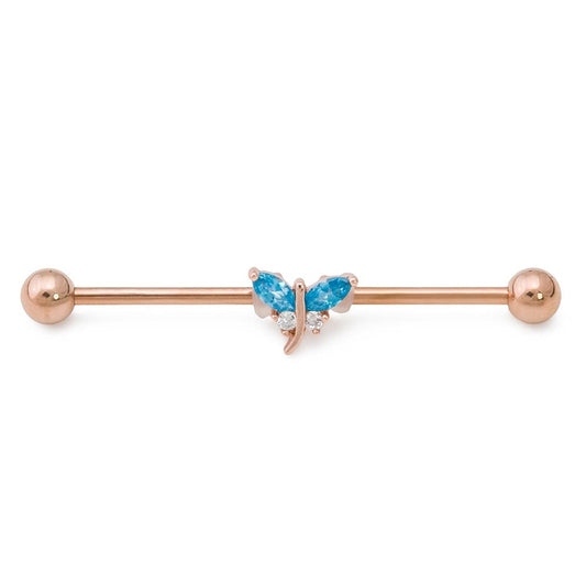 14g 1-1/2” PVD Rose Gold Jeweled Dragonfly Industrial Barbell - Monster Steel