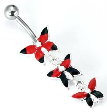 14g 7/16" Red Hot Triple Butterfly Dangling Belly Ring - Monster Steel